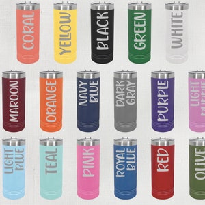 May include: A set of 18 stainless steel tumblers in various colors, including light blue, maroon, coral, teal, orange, yellow, navy blue, pink, royal blue, dark gray, green, red, purple, white, and olive. Each tumbler has a different color and features the color name printed in white on the side.