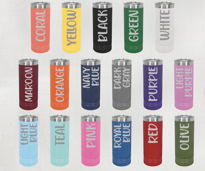 May include: A set of 18 stainless steel tumblers in various colors, including light blue, maroon, coral, teal, orange, yellow, navy blue, pink, royal blue, dark gray, green, red, purple, white, and olive. Each tumbler has a different color and features the color name printed in white on the side.