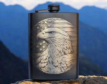 Bald Eagle Laser Engraved Flask: Patriotic 8oz Gift