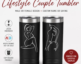 Personalized Lifestyle Couple Tumbler | Male or Female Line Art | Custom Name or Lifestyle Saying | Laser Engraved 22oz Skinny Tumbler