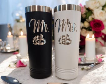 Personalized Mr & Mrs Tumbler • Laser Engraved Wedding Gift • Bride and Groom Bottle Set
