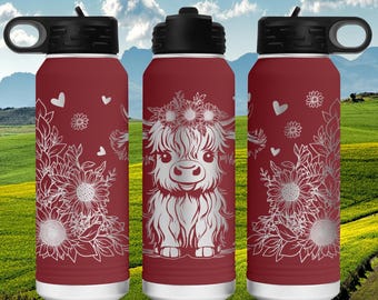 Baby Highland Cow Laser Engraved Water Bottle - Animal Lover Gift