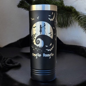 May include: Black stainless steel tumbler with a white silhouette of Jack Skellington and Sally from The Nightmare Before Christmas on a black background. The text "Oogie Boogie" is at the bottom of the tumbler.