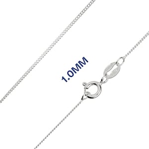 May include: A silver-coloured necklace chain, 1.0 mm wide, against a white background. The clasp and chain are in focus. The text "1.0MM" is visible.