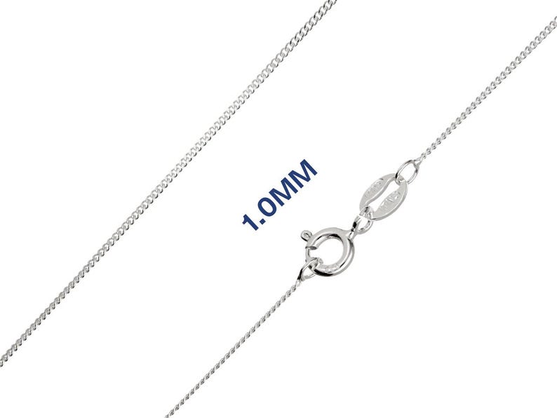 May include: A silver-coloured necklace chain, 1.0 mm wide, against a white background. The clasp and chain are in focus. The text "1.0MM" is visible.