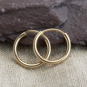 May include: A pair of gold-coloured hoop earrings. The circular earrings are made of a shiny metal. They are displayed on a beige fabric surface, with a dark grey rock in the background.