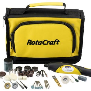 May include: A yellow and black RotaCraft rotary tool kit featuring a zipped storage bag with the brand name printed on the front. The set includes a handheld electric rotary tool and a wide assortment of various grinding, sanding, and drilling bits.