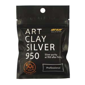 May include: A black, rectangular, resealable pouch of Art Clay Silver 950. The front features white text reading Art Clay Silver 950, Professional, and Silver purity at 950 after firing. An orange circle indicates 50g, 90% Ag+Cu Alloy in Clay.