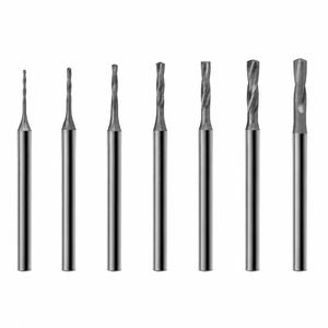 May include: A set of nine silver-coloured metal drill bits arranged in a row from smallest to largest diameter. Each bit features a smooth cylindrical shank and a spiraled cutting tip, showing a gradual increase in size from left to right.