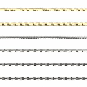 May include: A collection of six horizontal metal chains arranged in parallel rows. The top two chains are gold-toned, while the bottom four chains are silver-toned. Each chain features a smooth, flexible snake-link design with a uniform texture.