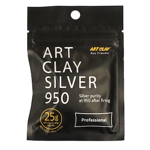 May include: A black rectangular pouch of Art Clay Silver 950, featuring white text that reads Art Clay Silver 950, Professional, and Silver purity at 950 after firing. A yellow circle indicates 25g, 90% Ag+Cu alloy, and 90% Ag+Cu in Clay.
