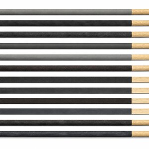 May include: A collection of twelve cylindrical pencils arranged horizontally. Each pencil features a long, matte-finished barrel in varying shades of grey and black, paired with a short, unpainted, light-coloured natural wood end section.