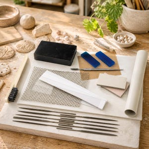 May include: A collection of jewellery making tools including a black rectangular block, two blue rectangular bars, a metal scribe, a wire mesh screen, a white scraper, a set of thin metal files, a brush, and several small rectangular sanding pads.