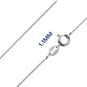 May include: A silver necklace chain with a delicate, twisted design. The chain is 1.1 mm thick and features a spring ring clasp. The image is set against a white background.