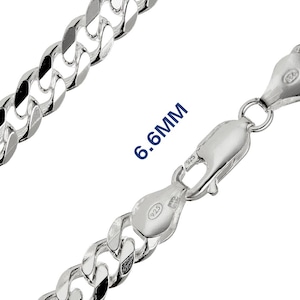 May include: A close-up of a silver curb chain necklace with a lobster clasp. The chain links are 6.6mm wide. The clasp is marked with "925". The chain is displayed against a white background.