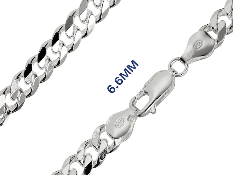 May include: A close-up of a silver curb chain necklace with a lobster clasp. The chain links are 6.6mm wide. The clasp is marked with "925". The chain is displayed against a white background.