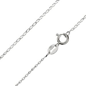 May include: A delicate silver chain necklace with a spring ring clasp. The chain is made of small, interconnected links. The clasp has a small tag with the number "925" stamped on it, indicating the metal's purity.