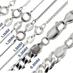 May include: A range of silver chain necklaces, with thicknesses from 0.9mm to 6.6mm. Each chain is displayed with its clasp and measurement in millimetres, highlighting different styles and sizes for jewellery.
