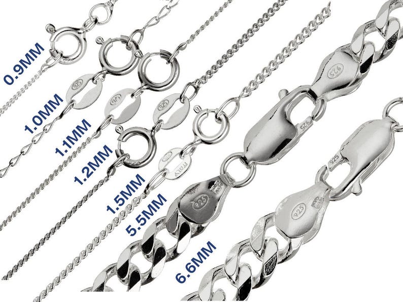 May include: A range of silver chain necklaces, with thicknesses from 0.9mm to 6.6mm. Each chain is displayed with its clasp and measurement in millimetres, highlighting different styles and sizes for jewellery.