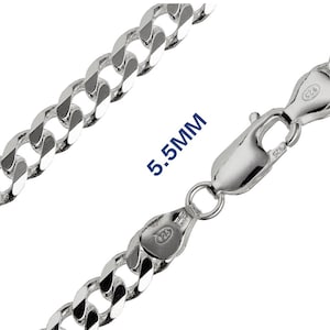 May include: A silver curb chain necklace with a lobster clasp. The chain links are 5.5mm wide. The necklace is displayed against a white background. The clasp is marked with "925".