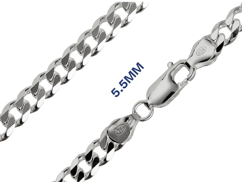 May include: A silver curb chain necklace with a lobster clasp. The chain links are 5.5mm wide. The necklace is displayed against a white background. The clasp is marked with "925".