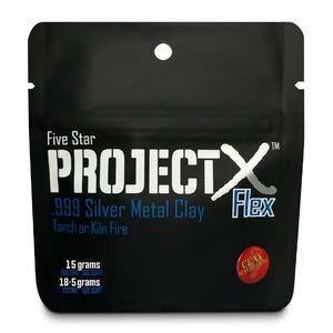 May include: Black pouch of Project X Flex .999 Silver Metal Clay. The package includes the text "Five Star" and "Torch or Kiln Fire". The package contains 15 grams of metal clay and a total weight of 18.5 grams.