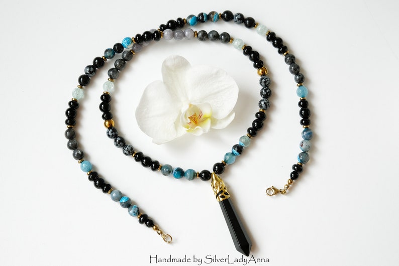 Present for sister Beaded Long boho witchy pendant necklace Long distance best friend gift Black jewelry for women Wiccan stone jewlery