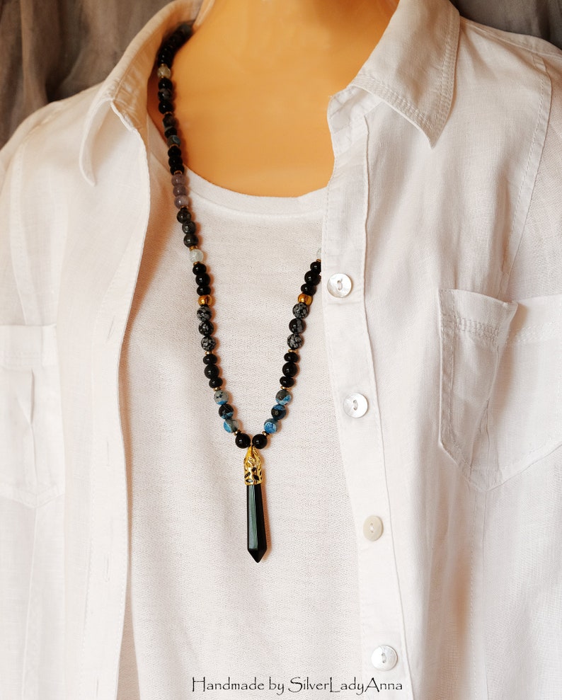 Present for sister Beaded Long boho witchy pendant necklace Long distance best friend gift Black jewelry for women Wiccan stone jewlery