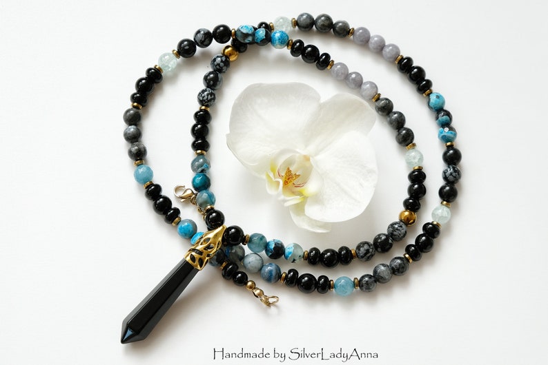 Present for sister Beaded Long boho witchy pendant necklace Long distance best friend gift Black jewelry for women Wiccan stone jewlery