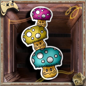 May include: Three cartoon mushrooms stacked on top of each other. The top mushroom is purple with white dots, the middle mushroom is yellow with white dots, and the bottom mushroom is blue with white dots.