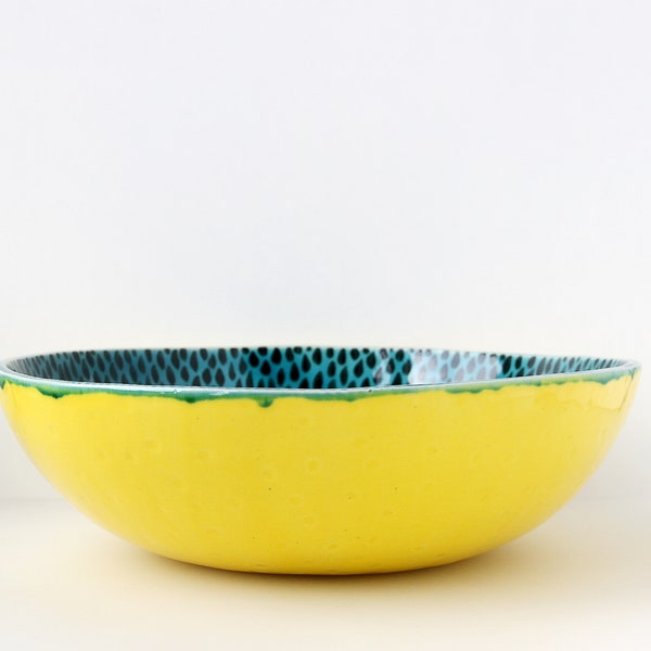 ceramic bowl-ceramic serving bowl-serving dish-handmade bowl-ceramic dinnerware-pottery bowl-yellow-modern bowl-bright bowl-blue bowl-gift