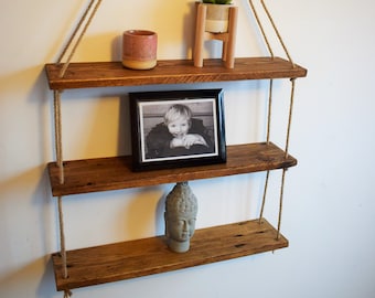 Rustic Hanging Rope Shelf / Reclaimed Pallet Timber Shelf / Wall Mounted Ladder Shelf / 3 Tier Shelf / Floating Shelf
