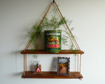 Rustic Hanging Rope Shelf / Reclaimed Pallet Timber Shelf / Wall Mounted Ladder Shelf / 2 Tier Shelf / Floating Shelf