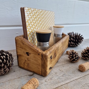 May include: A rustic wooden countertop spice rack with two salt and pepper grinders and a yellow and white patterned coaster. The grinders have black and white lids and say "Salter" on them.