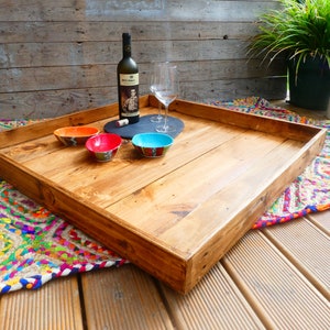 Large Rustic Shallow Reclaimed Wooden Ottoman Tray Hand Crafted