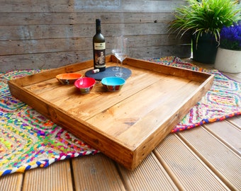 Large Rustic Shallow Reclaimed Wooden Ottoman Tray / Hand Crafted Pallet Wood Tray / Farmhouse Tray / Serving Tray / Custom Tray