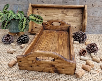 Rustic Reclaimed Wooden Waiters Tray / Classic Tray / Curved Sides & Carved Out Handles / Serving Tray / Farmhouse Tray / Breakfast in Bed