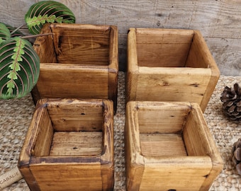 Small Square Reclaimed Wooden Storage Box / Rustic Wooden Box / Herb or Succulent Planter / Plant Pot Holder / Decorative Desk Organiser