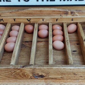 May include: A wooden egg tray with 10 brown eggs, labeled with the days of the week: M, T, W, T, F, S, S.