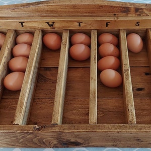 May include: A wooden egg storage box with seven compartments labeled M, T, W, T, F, S, S. The box is filled with brown eggs.