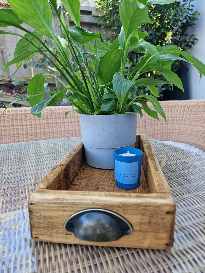 May include: A wooden tray with a metal handle, a potted plant, and a blue candle. The candle has the text "The little things we love each day" on the side.