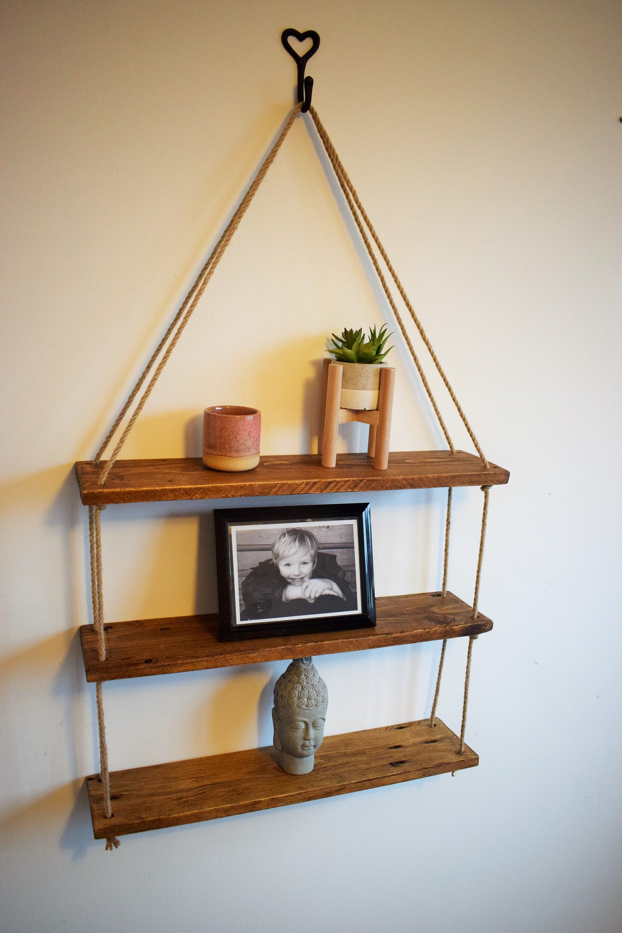 Timeyard decorative wall hanging shelf 3 on sale tier distressed wood jute rope floating shelves