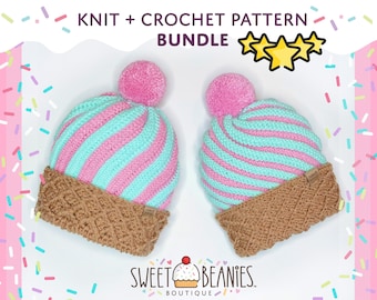 ICE Cream Hat | Knitting Pattern + Crochet Pattern **BUNDLE!!**  | (2) PDFs for download | Sizes Newborn - Adult | Sweet Beanies Boutique