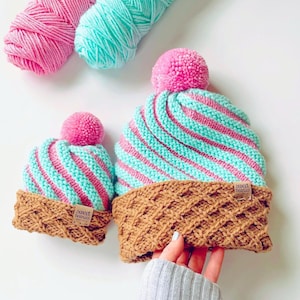 Ice Cream Hat Knitting Pattern | Waffle Cone Brim, Newborn to Adult (PDF Download)