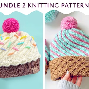May include: Two knitted hats shaped like cupcakes. One hat is white with pink frosting and colorful sprinkles. The other hat is blue and pink striped with brown frosting. Both hats have a pink pom-pom on top.