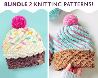 KNITTING Pattern Discount BUNDLE for BOTH Cupcake & Ice Cream Hats!| (2) PDFs for download | Sizes Newborn to Adult | Sweet Beanies Boutique