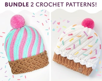 CROCHET Pattern Discount BUNDLE for BOTH Cupcake & Ice Cream Hats!| (2) PDFs for download | Sizes Newborn to Adult | Sweet Beanies Boutique