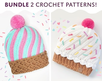 Crochet Cupcake & Ice Cream Hat Patterns Bundle | Swirl Beanie PDF (Baby to Adult)