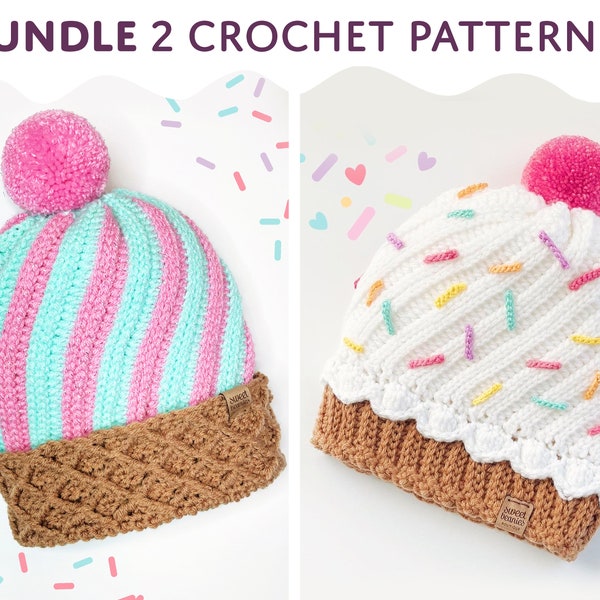 CROCHET Pattern Discount BUNDLE for BOTH Cupcake & Ice Cream Hats!| (2) PDFs for download | Sizes Newborn to Adult | Sweet Beanies Boutique