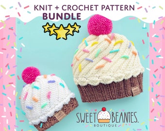 CUPCAKE Hat | Knitting Pattern + Crochet Pattern **BUNDLE!!**  | (2) PDFs for download | Sizes Newborn to Adult | Sweet Beanies Boutique